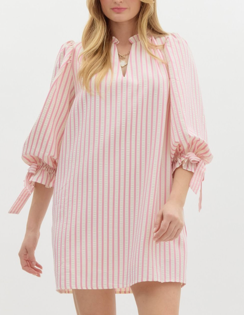 Pink Striped Bow Sleeve