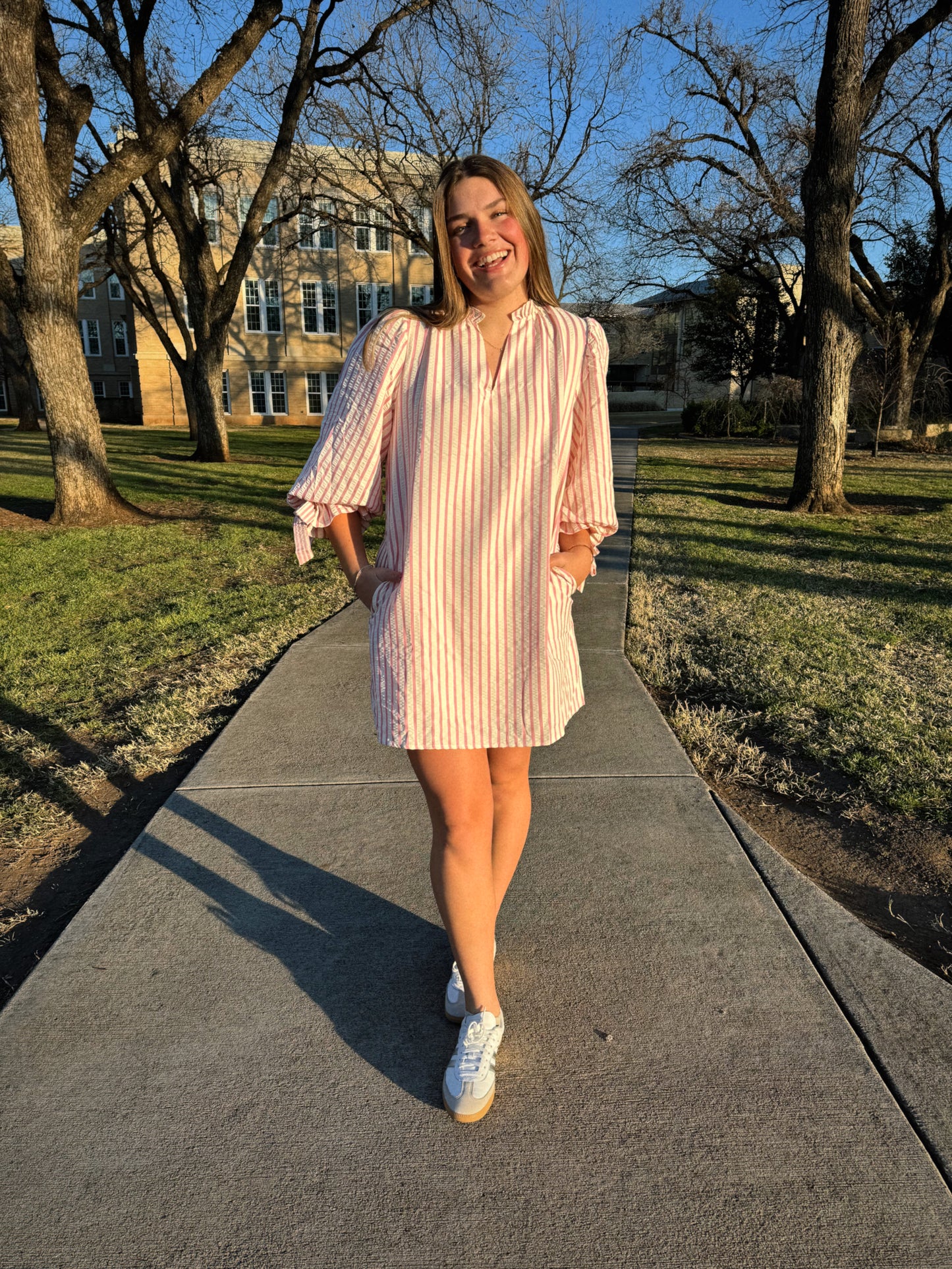 Pink Striped Bow Sleeve