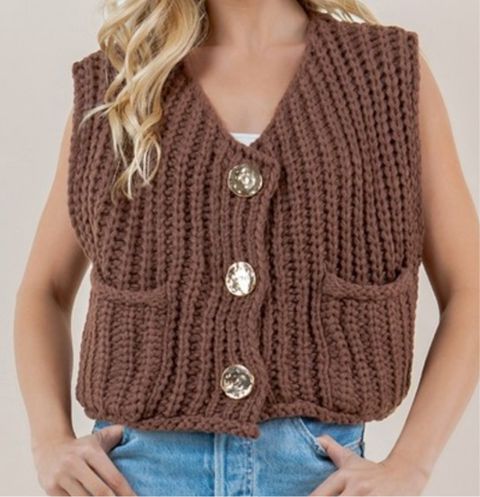 Brown Knit Large Button Sweater