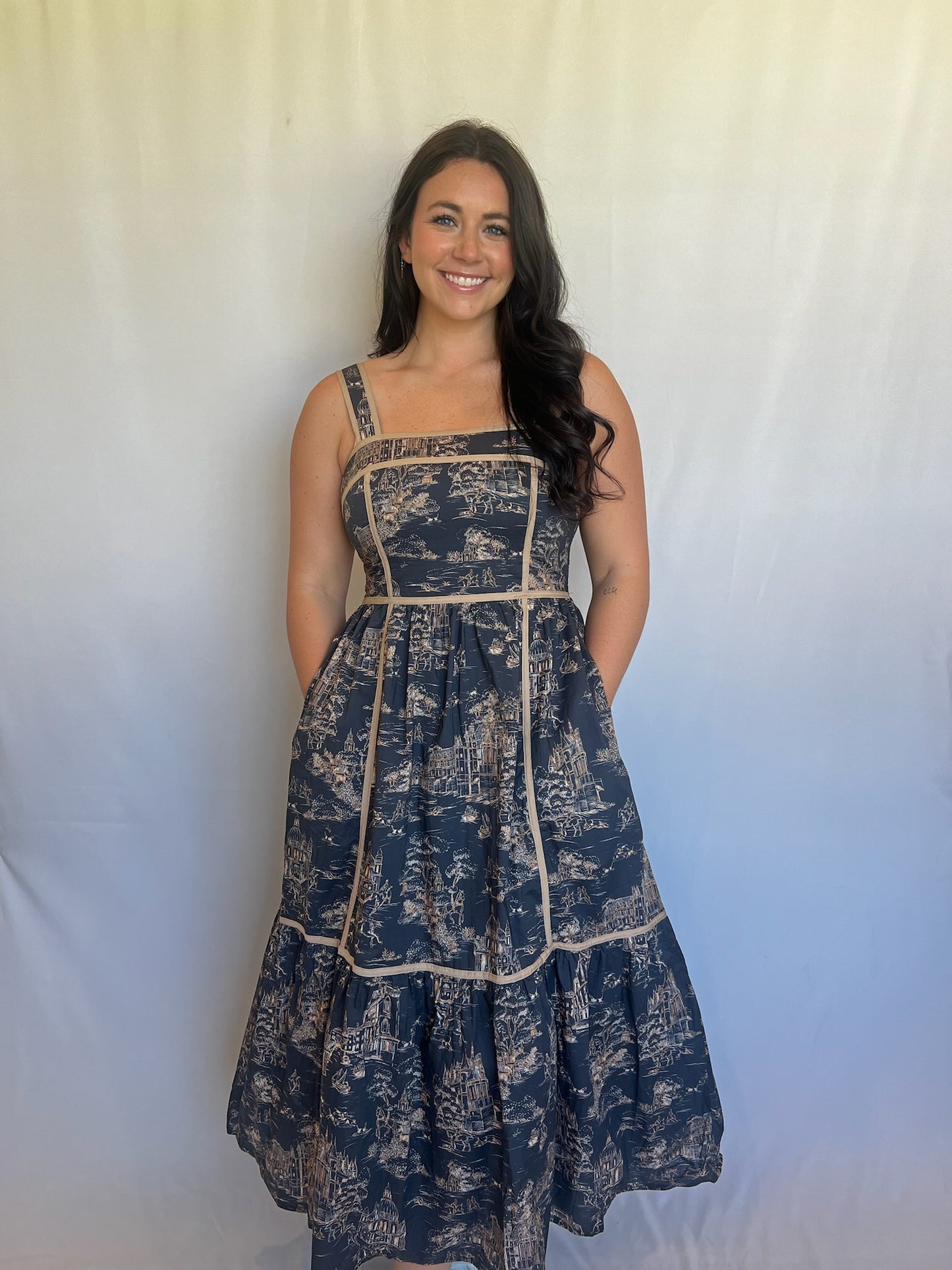 Navy Toile Midi Dress