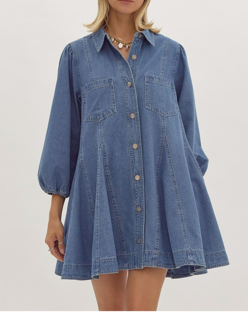 Denim Pleaded Mini Dress