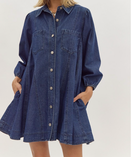 Denim Pleaded Mini Dress